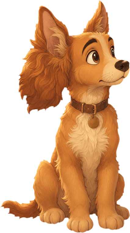 An illustrated tan puppy sitting at attention with both ears pricked forward.