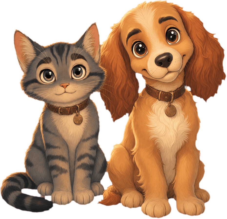 An illustrated grey tabby cat and a tan puppy sitting side by side, both looking out at you.