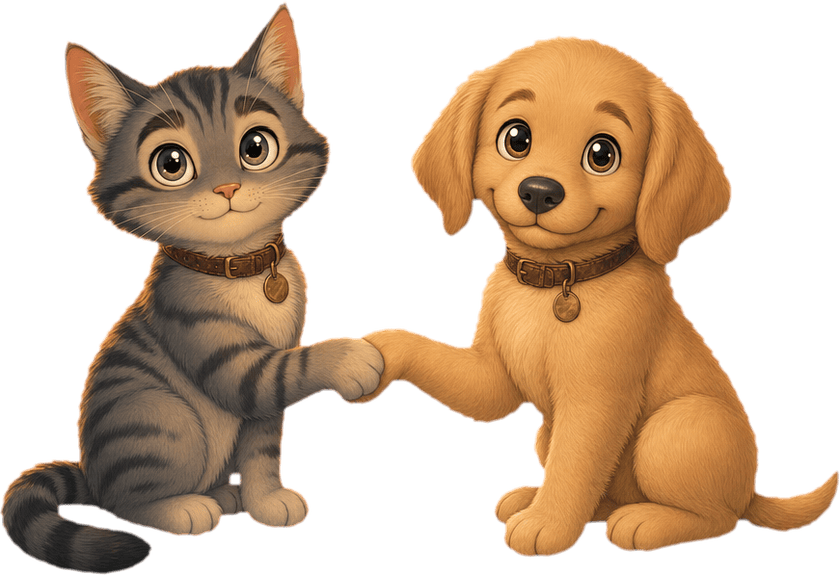 An illustrated grey tabby cat and tan puppy sitting side by side, shaking paws.