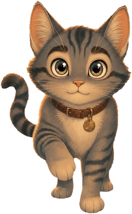 An illustrated grey tabby cat leaning forward with ears pricked, listening intently.
