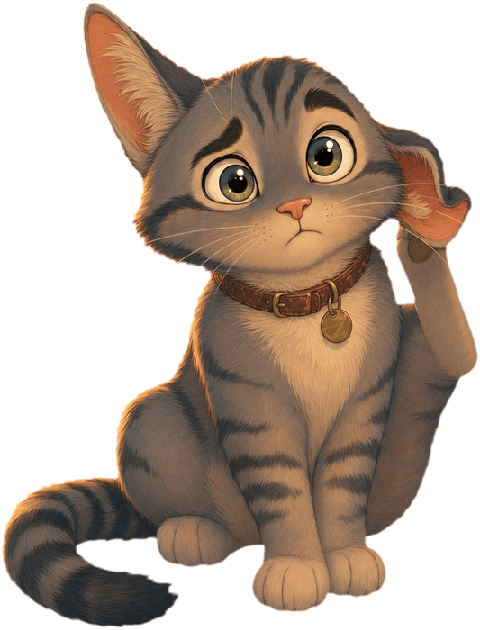 An illustrated grey tabby cat with one ear flopped over, scratching behind it and looking puzzled.