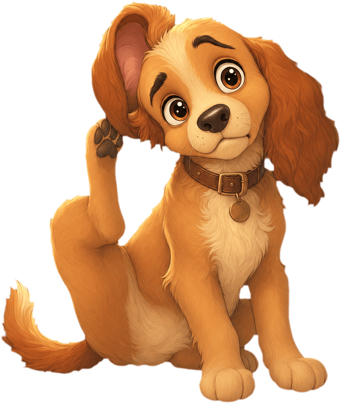 An illustrated tan puppy scratching behind one floppy ear, looking puzzled rather than sad.