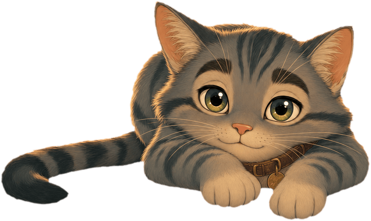 An illustrated grey tabby cat lying down with its chin resting on its front paws.